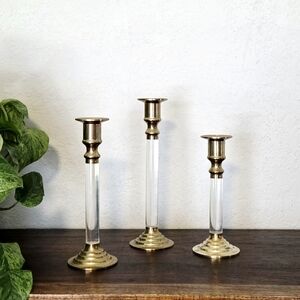 Vintage Brass And Lucite  Candlestick Holders  Set Of 3